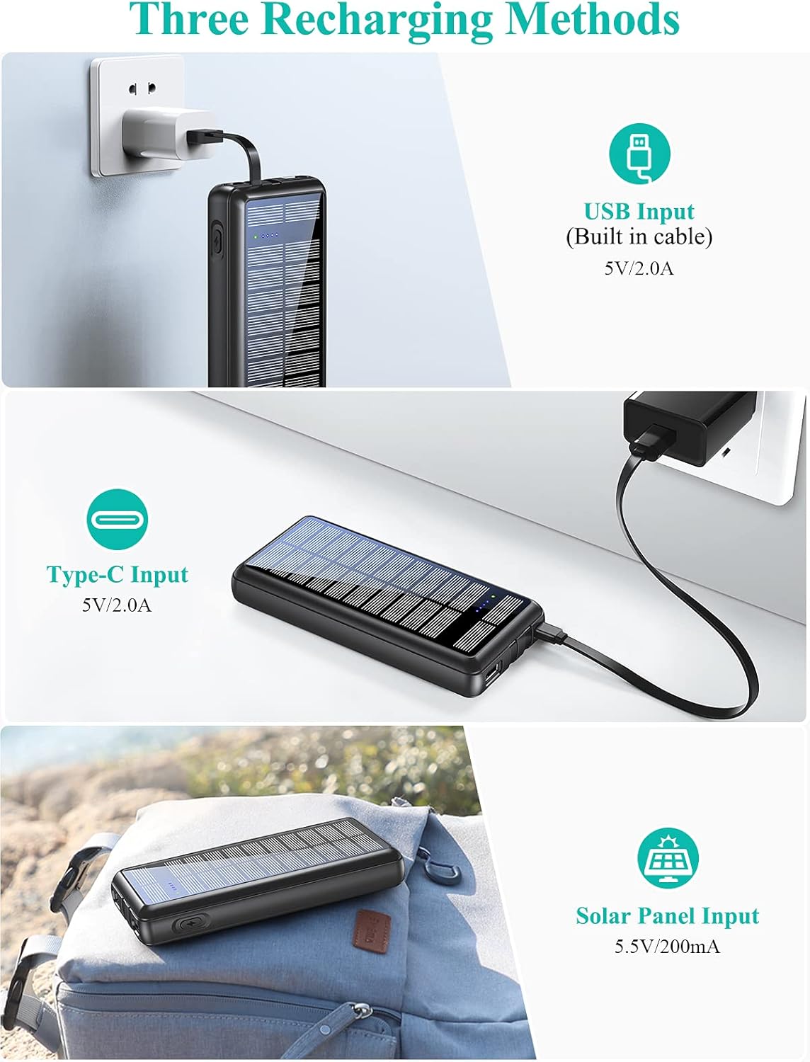 Solar Charger Power Bank 36800mAh with 2 Output Ports and 2 Cables B852