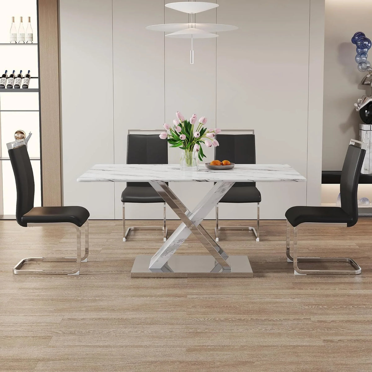 Black Faux Marble Dining Table Set of 4 with Chairs O88140
