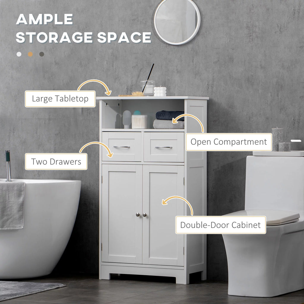 White Freestanding Bathroom Cabinet with Two Drawers and Adjustable Shelf T381