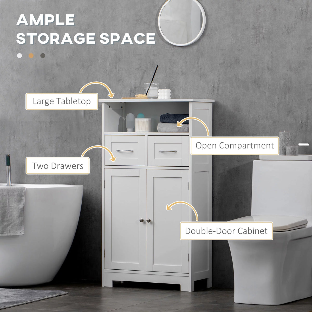 White Freestanding Bathroom Cabinet with Two Drawers and Adjustable Shelf T381