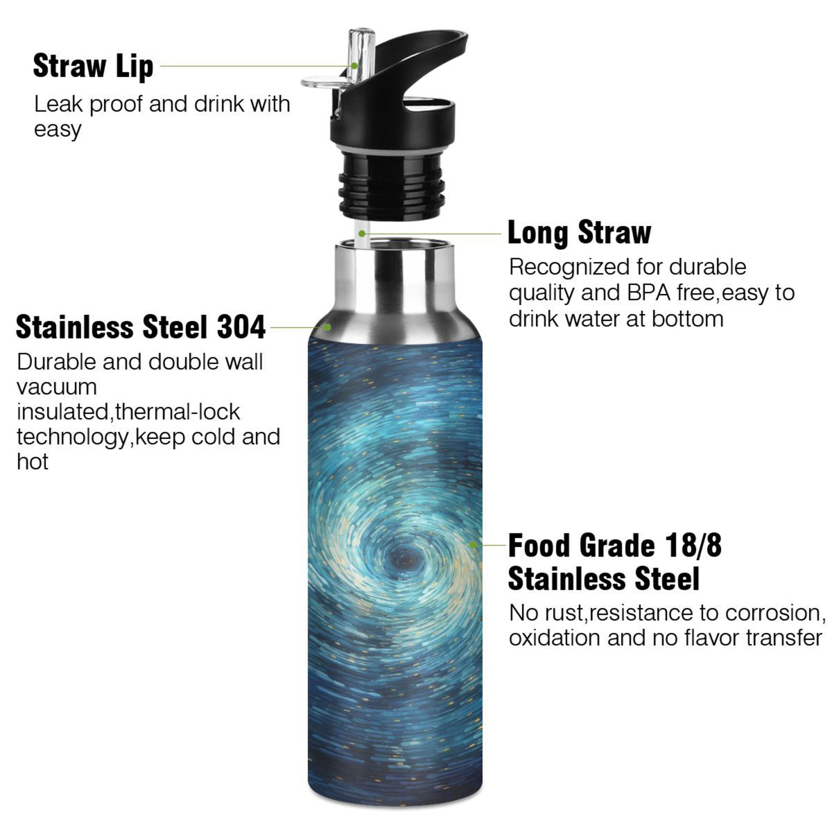 Stainless Steel Insulated Thermos Vacuum Flask Water Bottle with Straw Lid U2918